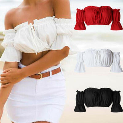

New Women Sexy Short Sleeve Boat Neck Crop Bandeau Tops Off Shoulder T-Shirt