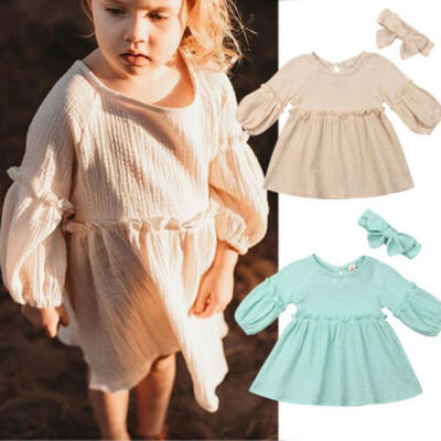 

AU Toddler Girls Summer Princess Dress Kids Baby Solid DressesHeadband Outfits