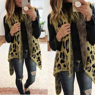 

Toponeto Fashion Women Casual Leopard Irregular Hem Sleeveless Cardigan Vest Coat