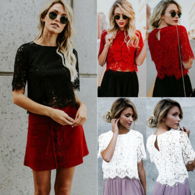 

Women Loose Short Sleeve Lace Casual Blouse Shirt Tops Floral Summer T-shirt