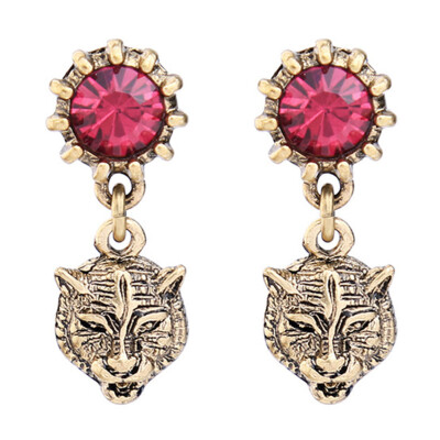 

Antique Gold Color Animal Tiger Head Vintage Earrings Red Crystal Drop Earrings Women Indian Jewelry