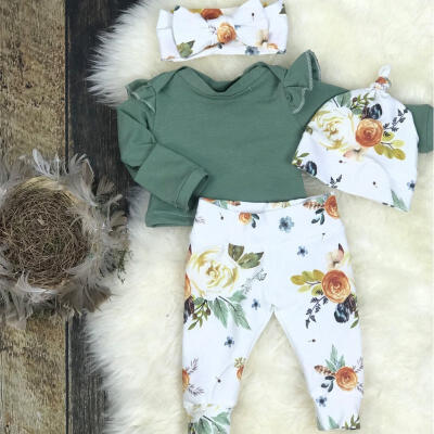 

Cute Newborn Baby Girl Flying Sleeve Solid Color Long Sleeve Top Print Pants Print Headband Autumn Set