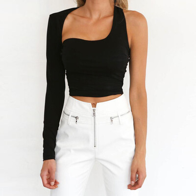 

Sexy Womens One Shoulder Crop Top Long Sleeve Tee Tops Blouse Clubwear Party