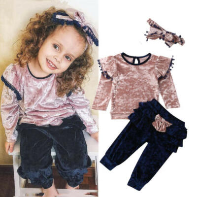 

Fashion Toddler Kids Baby Girl Ruffle Bow Tops Long Pants 3PCS Outfits Clothes