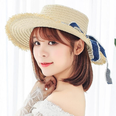

Women Straw Hat Bowknot Raw Fringe Wide Large Brim Flat Casual Sun Summer Boater Beach Cap