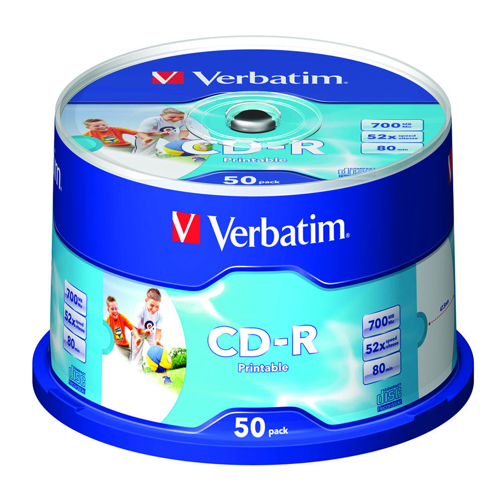 

Verbatim CD-R 700MB 52X White Inkjet Printable Recordable Media Disc 50PK Spindle Blank Compact Write Once Data Storage 41908