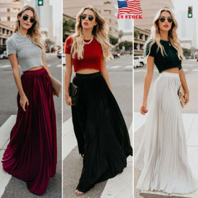 

USA Womens Summer High Waist Maxi Skirts Pleated Long Casual A-line Swing Dress