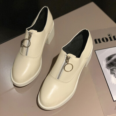 

Small leather shoes womens autumn Korean style high-heeled shoes front zipper England style retro single-style shoes