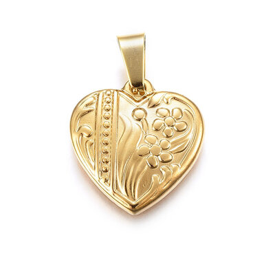 

304 Stainless Steel Pendants Large Hole Pendants Heart with Flower Golden 19x18x3mm Hole 8x4mm