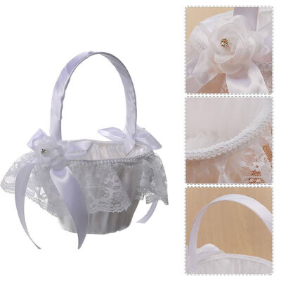 

Satin Bowknot Lace Flower Girl Basket Storage Wedding Ceremony Party Supply