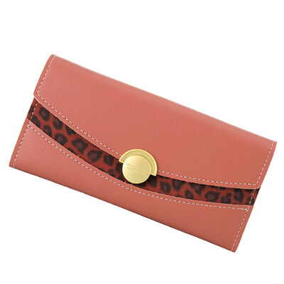 

Womens Leopard Patchwork Round Button Faux Leather Long Wallet Clutch Purse