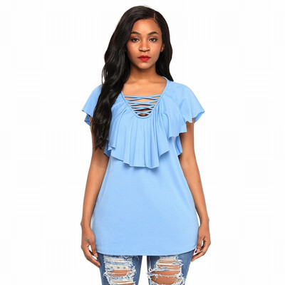 

Solid color deep V-neck cross with short-sleeved ruffled lace casual straight top