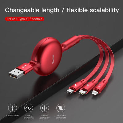 

Baseus 3 in 1 Multi USB Charger Cable Retractable 12m 35A Fast Charging Cord with Lightning Type C Micro USB for Phone Table