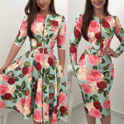 

Summer Spring Women Vintage Dress Tunic LongShort Sleeved Floral Print Dresses