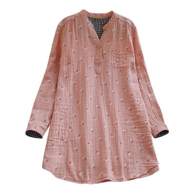 

Autumn Simple Long Sleeve Blouse Stand Collar Cotton V-Neck Tops Plus Size
