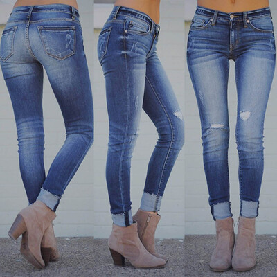 

〖Follure〗2018 Women Autumn Elastic Plus Loose Hole Denim Casual Small Feet Cropped Jeans