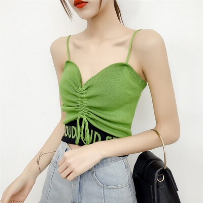 

Womens Sexy Drawstring Letter Print Sleeveless Pullover Knitted Crop Top Camisole