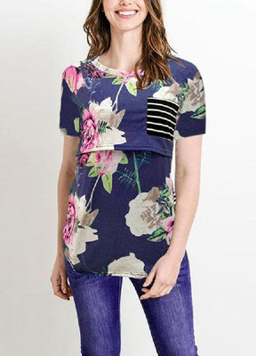

Flowers Pattern Striped Leisure Daily T-shirt