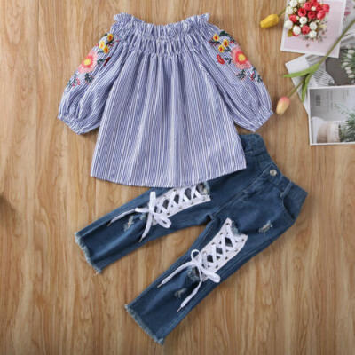 

US Baby Girl Kid Striped Off Shoulder T-shirt Tops Hole Pants Jeans Clothes 3-8Y