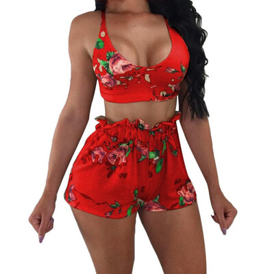 

Roseonmyhand 2Pcs Women Sport Short Pants Sets Sexy Print Sleeveless Blouse Wear Casual Suit