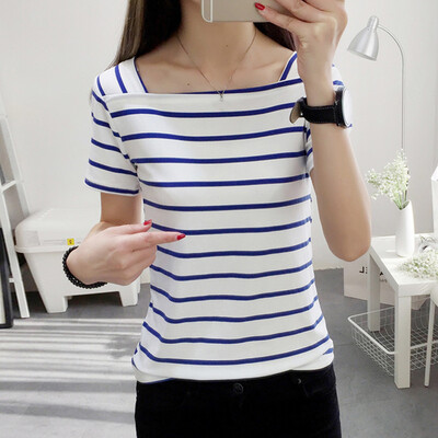 

Nomeni Women Summer Short Sleeve Slim Fit Square Neck Casual Stripes Top Tee Shirt