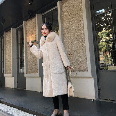 

Haining environmental fur big fox fur collar sheep sheared coat long female fur one 2019 winter new Stina wool