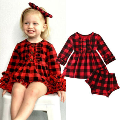 

Christmas Infant Baby Girl Clothes Plaids Ruffle Tops Dress PP Shorts Outfit