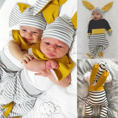 

Newborn Baby Boy Girls Cotton Outfits Stripe Wrap Foot Trousers Long Ear Hat AU