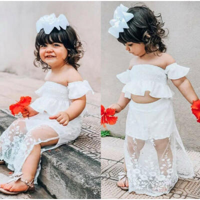 

Toddler Kids Baby Girl White Lace Floral Tops Long Skirt Dress Outfits Clothes