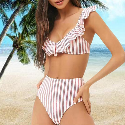 

Sexy Women Bikini Set Striped Print Ruffles Padded High Waist Two Piece Swimsuit Swimwear Bathing Suit Pink
