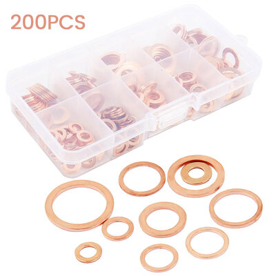 

200PCS Copper Washer Gasket Nut & Bolt Set Flat Ring Seal Assortment Kit with Box M5-M14