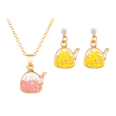 

Necklace Earrings Two-piece Set Colored Drawing Teapot Pendant Oil Drop Neck Chain Jewelry