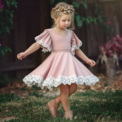 

Kids Baby Girls Dress Lace Floral Party Dress Short Sleeve Solid Dress Clothes