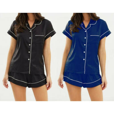 

Womens Ladies Luxury Plain Satin Pyjama Set Buttoned Top Bottoms Nightwear