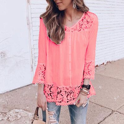 

Women Casual Tops V-Neck Lace Splicing Three-quarter Sleeve Casual Boho Shirt