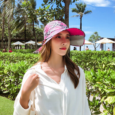 

Spring&summer plaid retractable pull-plate cap baseball cap with outdoor riding hat womens sun protection empty top hat