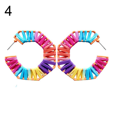 

Boho Rainbow Raffia Rattan Hollow C Shape Drop Hoop Lady Statement Stud Earrings