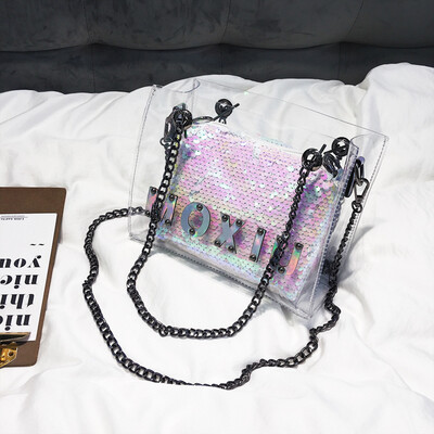 

Ins super-fire-light transparent bag womens new style 2019 Korean-style beach jelly-bag chain-lined bag