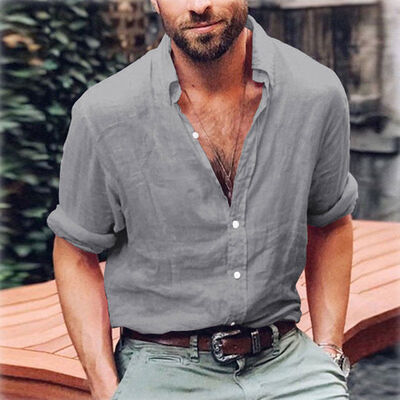 

Mens Linen Long Sleeve Shirt Summer Cool Loose Casual V-Neck Shirts Tops M-3XL