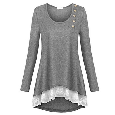 

Women Irregular Long Sleeve Top Girl Scoop Neck Pullover Lace Patchwork Tee