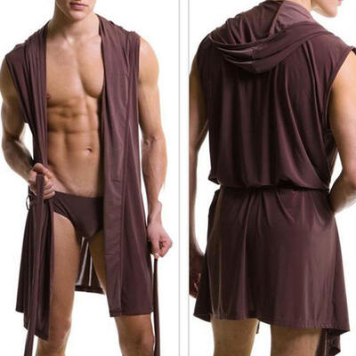 

Summer Mens Sexy Hooded Robe Sleeveless Ice Silk Pajamas Plus Size Men Lounge Kimono Sleepwear Sexy Smooth Bathrobe