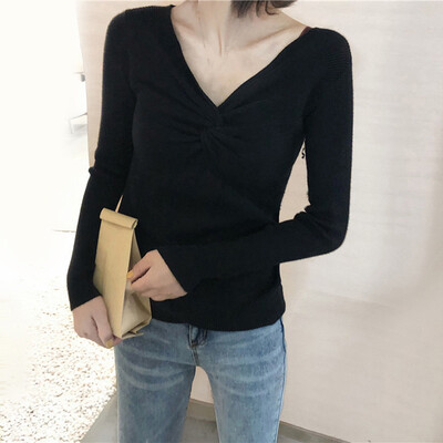 

Womens Sexy V-Neck Long Sleeve Knitted Tops Cross Tie Sweater Jumper Blouse New