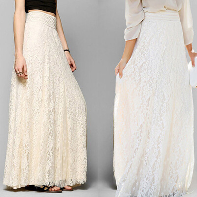 

Roseonmyhand Women Lace Double Layer Pleated Long Maxi Skirt Elastic Waist Skirt