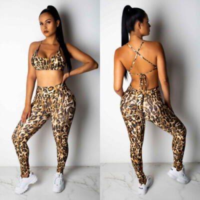 

New Women 2PCS Leopard Sport Suit Crop Tops Legging Pants Yoga Workout Tracksuit