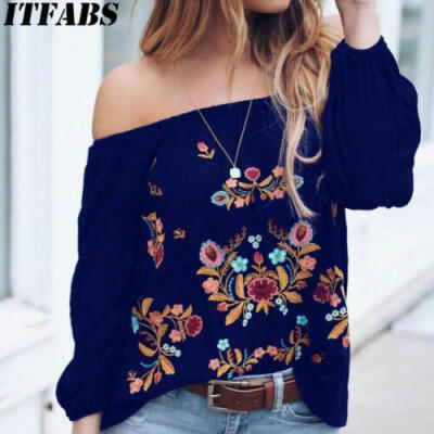 

2019 Fashion Women Casual T-shirt Flower Top Long Sleeve Off Shoulder Tee Blouse