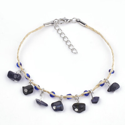 

Handmade Braided Raffia Anklets Lucky Raffia with Chip Blue Goldstone & Silver Lined Seed Beads Iron Lobster Clasp&Extender