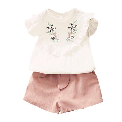 

2pcs Baby Kids Girls Summer Floral Pleated TopsBelt Solid Color Shorts