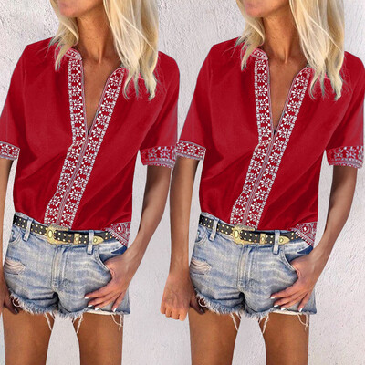 

Starmoon Fashion Womens National Style Beach Sunscreen Short Sleeves Print Top Blouse