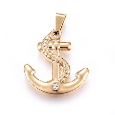 

304 Stainless Steel Pendants with Rhinestone Anchor Crystal Golden 30x285x6mm Hole 9x5mm