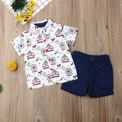 

2019 New Newborn Kids Baby Boys Summer Clothes Cartoon Carousel Short Sleeve T-shirt TopsShorts Pants Outfits Set
